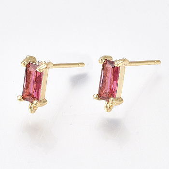 Brass Stud Earring Findings, Cubic Zirconia and Loop, Nickel Free, Real 18K Gold Plated, Rectangle, Cerise, 8.5x4mm, Hole: 0.8mm, Pin: 0.8mm