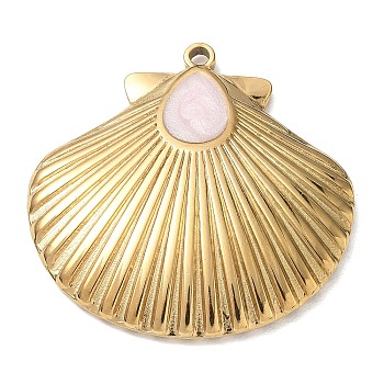 304 Stainless Steel with Enamel Pendants, Shell Shape Charms, Ion Plating(IP), Real 18K Gold Plated, Misty Rose, 36.5x36.5x3mm, Hole: 2mm