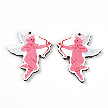 Printed Wood Pendants, Valentine's Day Style, Angel & Fairy, 40x33.5x2.6mm, Hole: 1.6mm