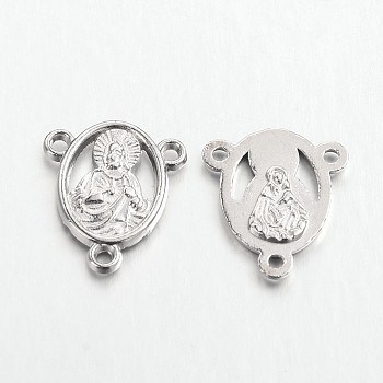 Alloy Chandelier Component Links, 3 Loop Connectors, For Easter, Oval with Jesus, Lead Free & Cadmium Free, Platinum, 18x16x2mm, Hole: 2mm