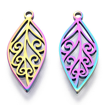 Ion Plating(IP) 304 Stainless Steel Pendants, Laser Cut, Leaf Charm, Rainbow Color, 25x10.5x1.5mm, Hole: 1.6mm