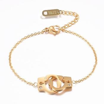 304 Stainless Steel Link Bracelets, with Rhinestone, Handcuffs, Golden, 6-1/4 inch(160mm)