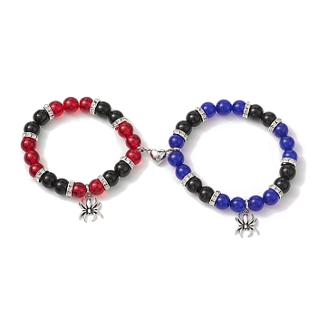 2Pcs 10mm Round Blue Cat Eye & Red Glass & Black Glass Beaded Stretch Bracelet Sets for Lover, Halloween Spider Alloy Charm Bracelets with Heart Magnetic Clasps for Women Men, Mixed Color, Inner Diameter: 2-3/8 inch(6.1cm) and 2 inch(5.1cm)