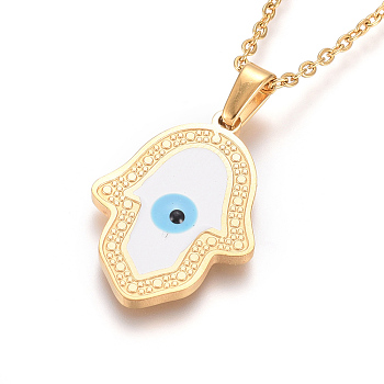 304 Stainless Steel Enamel Pendant Necklaces, with Cable Chains and Lobster Claw Clasps, for Religion, Hamsa Hand with Evil Eye, Golden, 17.6 inch(44.8cm), 1.5mm