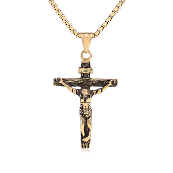 Cross Pendant Necklace with Jesus Crucifix Religious Necklace Sacrosanct Charm Neck Chain Jewelry Gift for Birthday Easter Thanksgiving Day, Antique Golden, 21.65 inch(55cm)