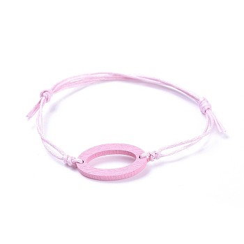 Adjustable Waxed Cotton Cord Bracelets, with Painted Boxwood Links, Oval, Pink, 6 inch~10-1/4 inch(15~26cm)
