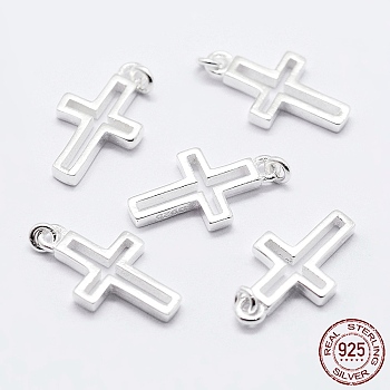925 Sterling Silver Pendants, Cross Charms, with 925 Stamp, Silver, 12.5x7x1.4mm, Hole: 0.8mm