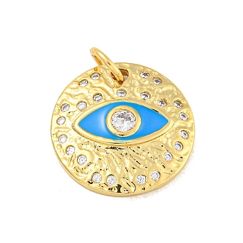 Rack Plating Brass Micro Pave Cubic Zirconia Pendants, Long-Lasting Plated, Cadmium Free & Lead Free, with Enamel, Flat Round & Eye, with Jump Rings, Real 18K Gold Plated, Dodger Blue, 18x3.5mm, Hole: 4mm