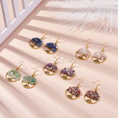 Natural Gemstone Chips Tree of Life Dangle Earrings(EJEW-JE04934)-2