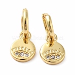 Cubic Zirconia Flat Round with Evil Eye Dangle Hoop Earrings, Real 18K Gold Plated Brass Jewelry for Women, Lead Free & Cadmium Free, Clear, 21.5mm, Pin: 1mm(EJEW-E263-14G)