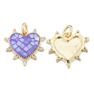 Brass Micro Pave Clear Cubic Zirconia Pendants, with Jump Rings and Shell, Enamel, Real 18K Gold Plated, Nickel Free, Heart, Medium Purple, 15.5x15.5x3mm, Jump Ring: 5x1mm, 3mm inner diameter(KK-N227-99A)