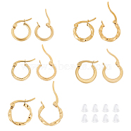 201 Stainless Steel Hoop Earrings, with 304 Stainless Steel Pins and Plastic Ear Nuts, Flat Ring/Twisted Ring/Dapped Ring/Ring Shape, Golden, 20pairs/box(EJEW-UN0001-30)