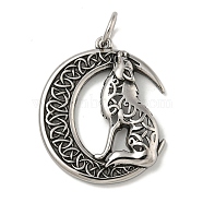 316 Surgical Stainless Steel Pendants, with Jump Ring, Moon with Wolf Charm, Antique Silver, 38x33x5.5mm, Hole: 7mm(STAS-Z073-83AS)