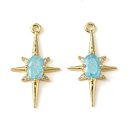 Brass Micro Pave Cubic Zirconia Pendants, Real 18K Gold Plated, Star, Sky Blue, 21x12x3.5mm, Hole: 1.2mm(KK-M277-08G-06)