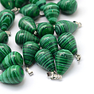 Teardrop Synthetic Malachite Pendants, with Platinum Tone Brass Findings, 21~24x12~14mm, Hole: 2x7mm(G-Q435-13)