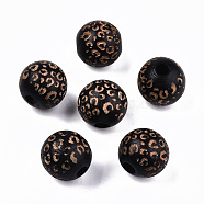 Painted Natural Wood Beads, Laser Engraved Pattern, Round with Leopard Print, Black, 15~16x15mm, Hole: 4mm(WOOD-T021-53B-01)