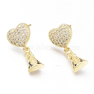 Brass Micro Pave Cubic Zirconia Dangle Stud Earrings, Long-Lasting Plated, Heart, Golden, 24mm, Pin: 0.8mm(EJEW-G279-04G)
