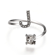 Alloy Cuff Rings, Open Rings, with Crystal Rhinestone, Platinum, Letter.J, US Size 7 1/4(17.5mm)(RJEW-I075-01P-J)