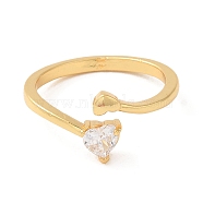 Rack Plating Brass Heart Open Cuff Ring with Clear Cubic Zirconia, Golden, Inner Diameter: 18mm(RJEW-Z014-02G)