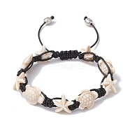 Synthetic Turquoise Starfish & Turtle Braided Bead Bracelet, with Polyester Cord, Floral White, Inner Diameter: 2-1/4~3-1/8 inch(5.8~8.05cm)(X-BJEW-TA00388-02)