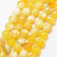 Natural Fire Crackle Agate Bead Strands, Round, Grade A, Faceted, Dyed & Heated, Yellow, 10mm, Hole: 1mm, about 37pcs/strand, 15 inch(G-K166-07F-10mm-17)