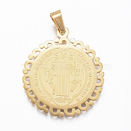 304 Stainless Steel Pendants, Flat Round with Saint Benedict Medal, Golden, 28x25x1mm, Hole: 4x7mm(STAS-G155-81G)