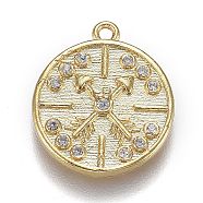 Brass Micro Pave Clear Cubic Zirconia Pendants, Long-Lasting Plated, Flat Round with Clock, Real 18K Gold Plated, 17x15x2mm, Hole: 1.2mm(ZIRC-Z003-01G)