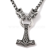 304 Stainless Steel Dragon Head Box Chain Viking Mjolnir Thor Hammer Pendant Necklaces for Men, Antique Silver, 24.61 inch(62.5cm)(NJEW-K278-03AS)