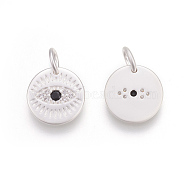 Brass Micro Pave Cubic Zirconia Charms, Lead Free & Cadmium Free, Flat Round with Eye, Black, Matte Silver, 10.5x10.5x1.5mm, Hole: 3mm(KK-O118-16MS)