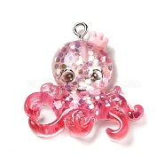 Ocean Theme Transparent Resin Pendants, Sea Animal Charms with Paillette and Platinum Tone Iron Loops, Octopus, 31x30x7.5mm, Hole: 2mm(RESI-P029-07P-A)