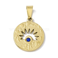 Vacuum Plating 304 Stainless Steel Pendants, with Sapphire Rhinestone, Flat Round with Horse Eye, Golden, 21x8x2mm, Hole: 6.5x3mm(STAS-A062-32G)