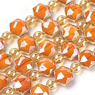 Opaque Glass Beads Strands, with Golden Tone Brass Findings, Pearl Luster Plated, Faceted, Hexagon, Dark Orange, 12x10.5x7~7.5mm, Hole: 1.2mm, about 10pcs/strand, 6.81 inch (17.3cm)(EGLA-P045-A09)