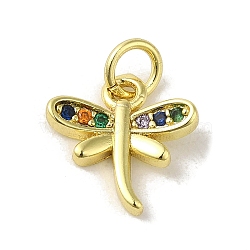 Brass Micro Pave Colorful Cubic Zirconia Charms, Real 18K Gold Plated, Dragonfly, 12x11.5x3mm, Hole: 3mm(KK-M283-26B-02)