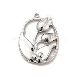 304 Stainless Steel Pendants, Oval with Flower, Stainless Steel Color, 23.5x17x3mm, Hole: 1.5mm(STAS-E176-04P)