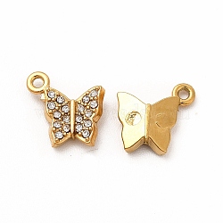 Ion Plating(IP) 316 Surgical Stainless Steel with Crystal Rhinestone Pendants, Butterfly Charms, Real 18K Gold Plated, 11.5x9x2.5mm, Hole: 1mm(X-STAS-G305-05G)