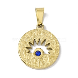 PVD Vacuum Plating 304 Stainless Steel Pendants, with Sapphire Rhinestone, Flat Round with Horse Eye, Golden, 21x8x2mm, Hole: 6.5x3mm(STAS-A062-32G)