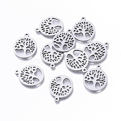 304 Stainless Steel Pendants, Laser Cut, Oval with Tree of Life, Stainless Steel Color, 15.5x14x1mm, Hole: 1.2mm(STAS-N092-09)