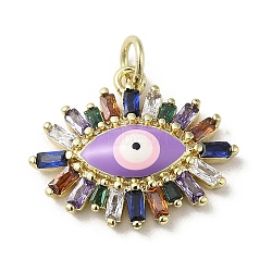 Brass Enamel Pendants, with Glass and Jump Ring, Real 18K Gold Plated, Evil Eye Charm, Lilac, 17x20.5x5mm, Hole: 3.5mm(KK-E092-02G-02)