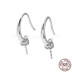 Rhodium Plated 925 Sterling Silver Micro Pave Cubic Zirconia Earring Hooks, Ear Wire with Pinch Bails, for Half Drilled Bead, with S925 Stamp, Real Platinum Plated, 19.5x4mm, Pin: 0.7mm(STER-E068-03P)