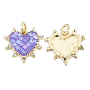 Brass Micro Pave Clear Cubic Zirconia Pendants, with Jump Rings and Shell, Enamel, Real 18K Gold Plated, Nickel Free, Heart, Medium Purple, 15.5x15.5x3mm, Jump Ring: 5x1mm, 3mm inner diameter