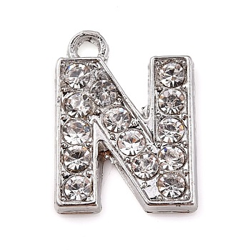 Alloy Rhinestone Letter Charms, Platinum Metal Color, Letter.N, 17x12x2mm, Hole: 1.5mm