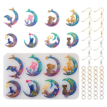 Pandahall 1Pc Animal with Moon Pendant Silicone Mold, with 80Pcs Iron Jump Rings, 60Pcs Brass Earring Hooks, for DIY Earring Makings, White, 142x86x4mm, Hole: 1.8mm, Inner Diameter: 32~38x24~32.8mm