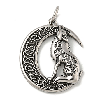 316 Surgical Stainless Steel Pendants, with Jump Ring, Moon with Wolf Charm, Antique Silver, 38x33x5.5mm, Hole: 7mm