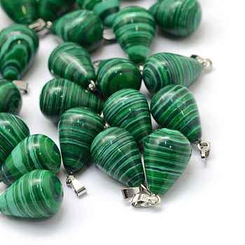 Teardrop Synthetic Malachite Pendants, with Platinum Tone Brass Findings, 21~24x12~14mm, Hole: 2x7mm