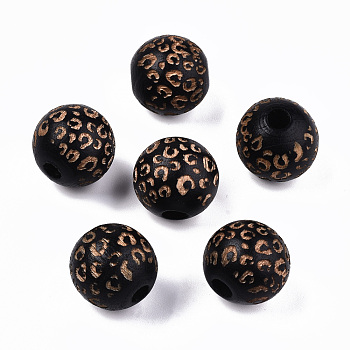 Painted Natural Wood Beads, Laser Engraved Pattern, Round with Leopard Print, Black, 15~16x15mm, Hole: 4mm