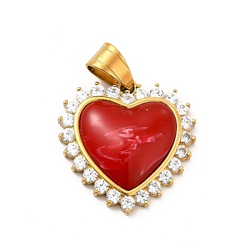 304 Stainless Steel Pendants, with Crystal Rhinestone and Red Plastic, Heart Charms, Golden, 25x24.5x5.5mm, Hole: 8x5mm