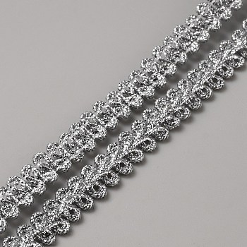 Polyester Metallic Braid Lace Trim, Clothes Accessories, Silver, 3/8 inch(10mm), about 20m/bundle