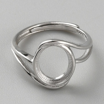 Rhodium Plated 925 Sterling Silver Adjustable Ring Components, Oval Shape Cabochon Settings, Platinum, Tray: 10x8.9mm, US Size 6 1/2(16.9mm)