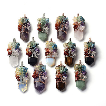 Gemstone Beads Pendants, with  Mixed Gemstone Chip Beads, Platinum & Rose Gold Brass Wire, 66~71x28~30x17~19mm, Hole: 10x7mm