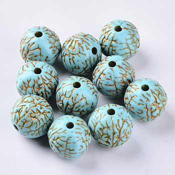Plating Acrylic Beads, Golden Metal Enlaced, Round, Dark Turquoise, 16x15mm, Hole: 2.5mm, about 218pcs/500g